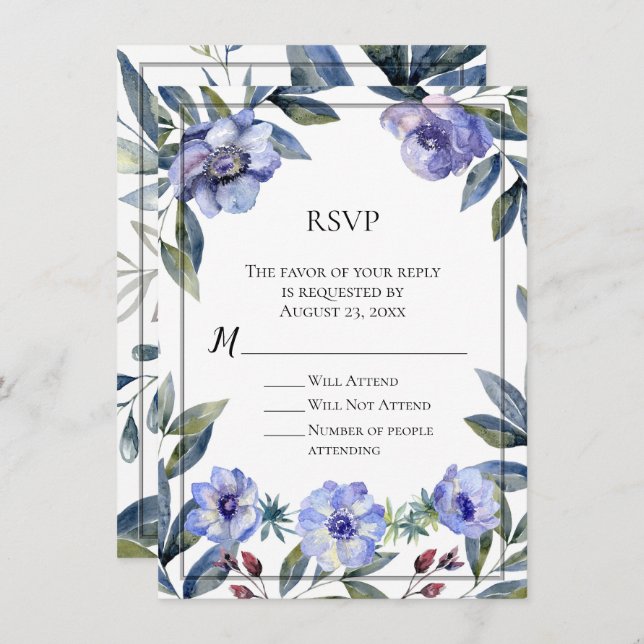 Invitación Boda de acuarela violeta anémona (Anverso / Reverso)