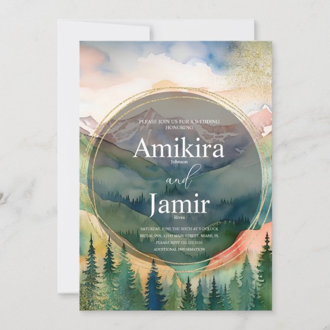 Invitación Boda de acuarela y brillo de hermosas montañas (Anverso)