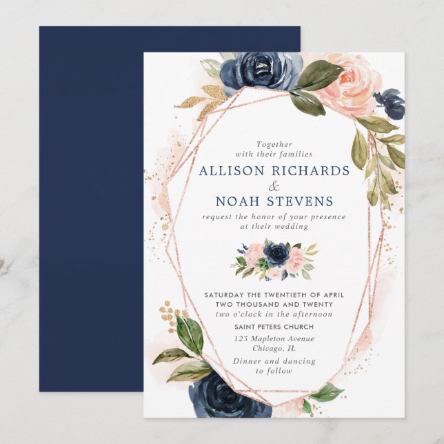 Invitación boda de acuarelas florales modernas de color amari (Anverso / Reverso)