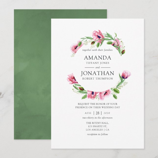 Invitación Boda de acuarelas rosadas (Anverso / Reverso)