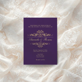 Invitación Boda de adorno de marco dorado morado elegante