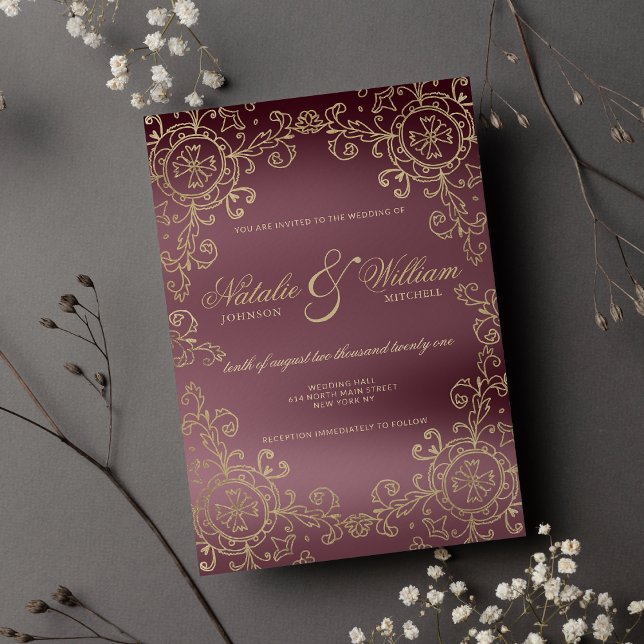Invitación Boda de adorno floral de oro burdeos clásico (Classic burgundy gold floral ornament wedding)