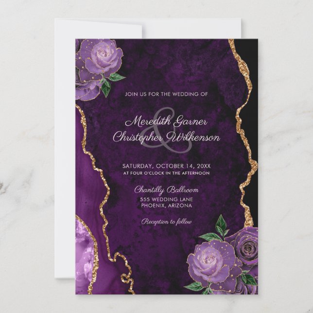 Invitación Boda de Agante Floral Purple Gold (Anverso)