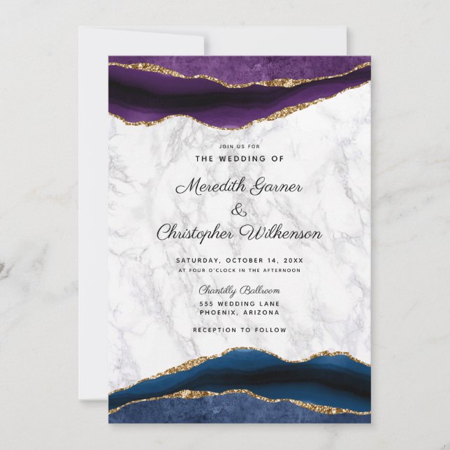 Invitación Boda de Agante Púrpura de Geode de Oro Azul (Anverso)