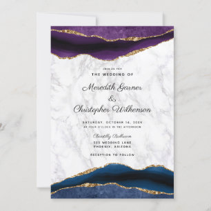 Invitación Boda de Agante Púrpura de Geode de Oro Azul