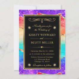 Invitación Boda de Agata Brillante Arcoíris Elegante y Oro