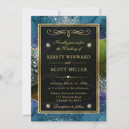 Invitación Boda de Agata Brillante Azul, Verde y Dorado Elega