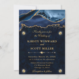 Invitación Boda de Agata Brillante Azul y Dorado Elegante