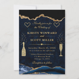Invitación Boda de Agata Brillante Azul y Dorado Elegante