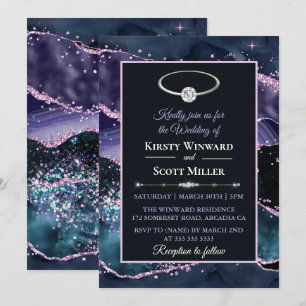 Invitación Boda de Agata Brillante Rosa Púrpura Azul Oscuro
