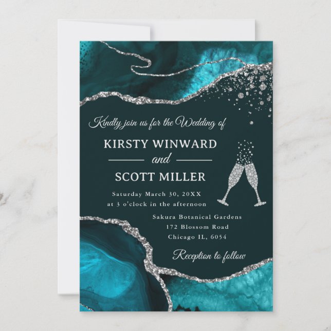 Invitación Boda de Ágata Brillante Teal y Plata (Anverso)