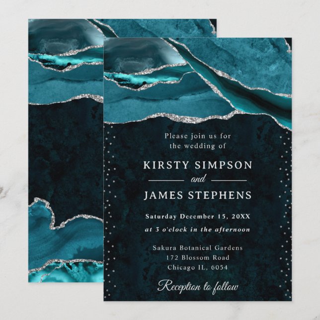 Invitación Boda de Ágata Brillante Teal y Plata (Anverso / Reverso)