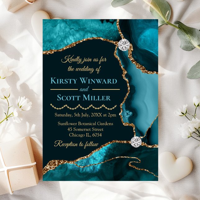 Invitación Boda de Ágata con Brillo Azul Teal y Dorado (Subido por el creador)