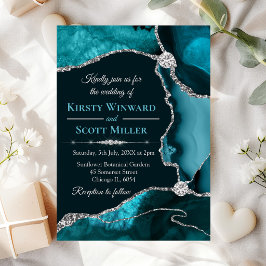 Invitación Boda de Ágata con Brillo Azul Teal y Plateado