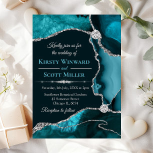 Invitación Boda de Ágata con Brillo Azul Teal y Plateado