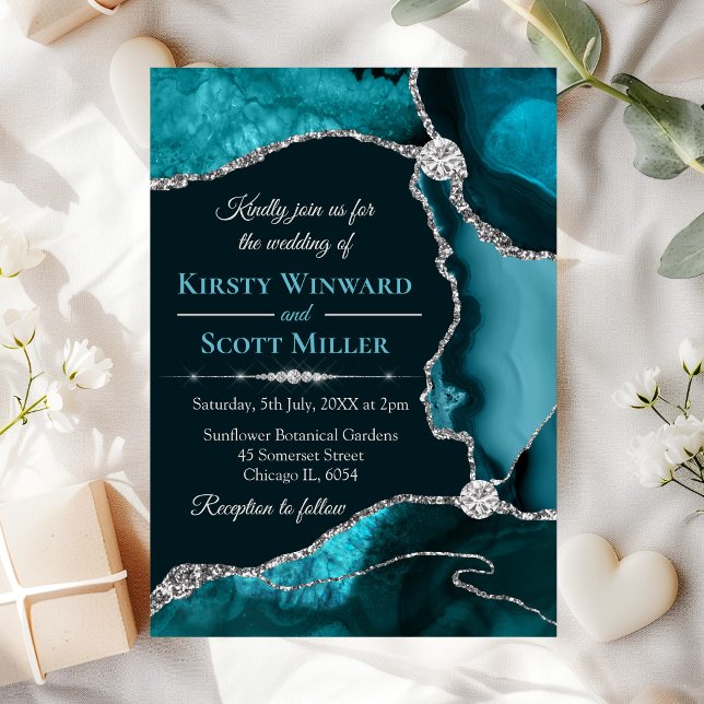 Invitación Boda de Ágata con Brillo Azul Teal y Plateado (Subido por el creador)
