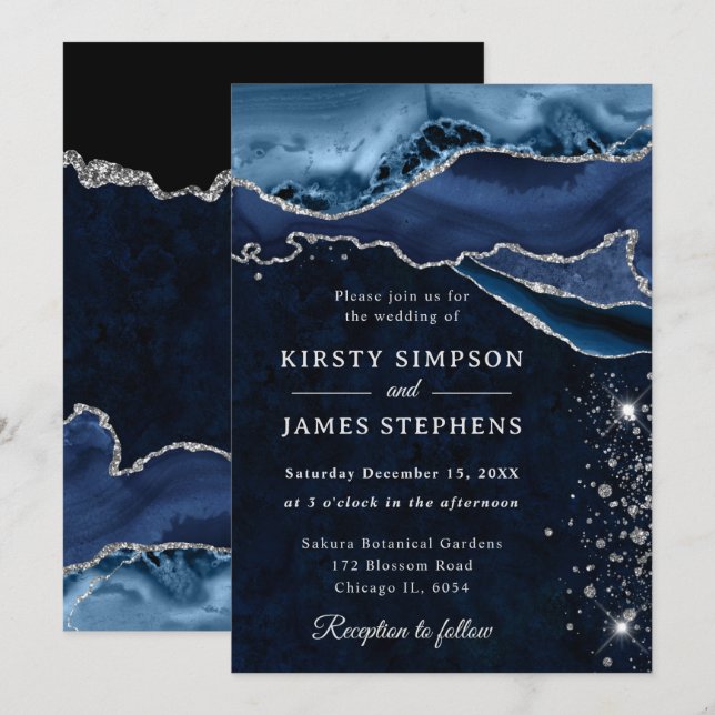 Invitación Boda de Ágata con Brillo Azul y Plateado (Anverso / Reverso)