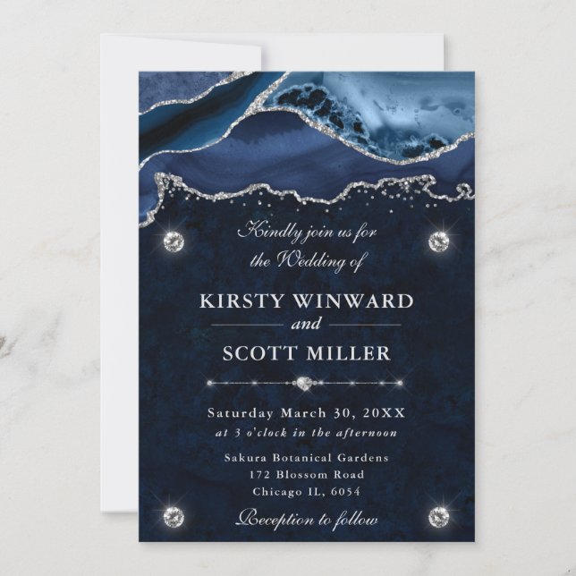 Invitación Boda de Ágata con Brillo Azul y Plateado (Anverso)