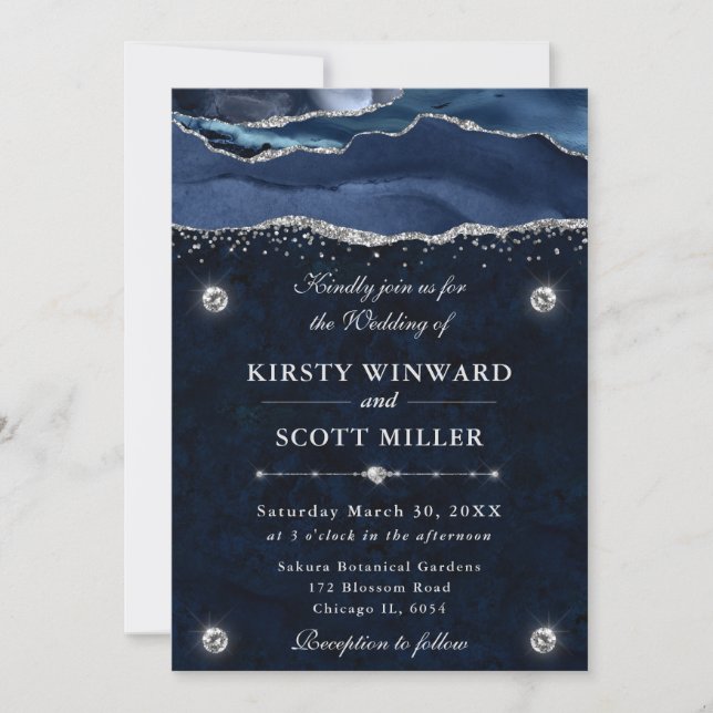 Invitación Boda de Ágata con Brillo Azul y Plateado (Anverso)