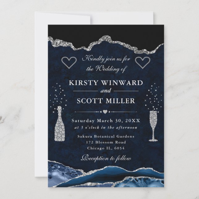 Invitación Boda de Ágata con Brillo Azul y Plateado (Anverso)