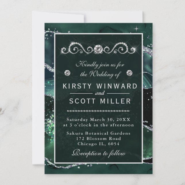 Invitación Boda de Ágata con Brillo de Plata Falsa y Verde Os (Anverso)