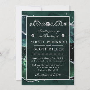 Invitación Boda de Ágata con Brillo de Plata Falsa y Verde Os