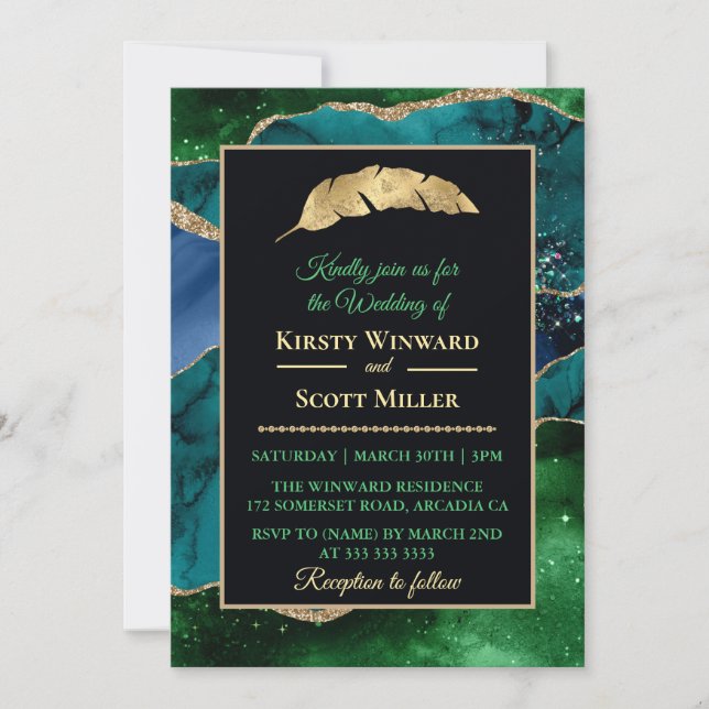 Invitación Boda de Ágata con Brillo Dorado Azul Verde (Anverso)