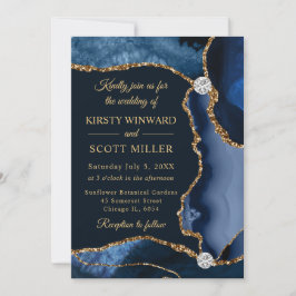 Invitación Boda de ágata con brillo falso azul y dorado