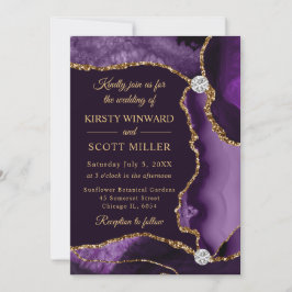 Invitación Boda de Ágata con Brillo Falso Púrpura y Dorado