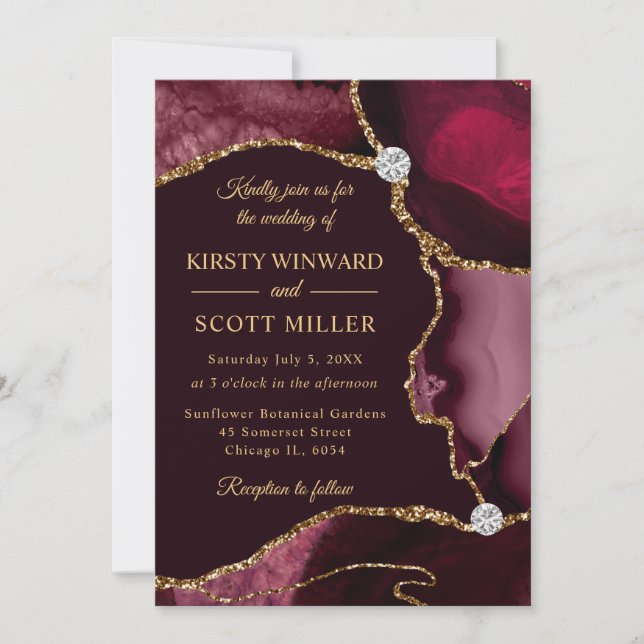 Invitación Boda de Ágata con Brillo Falso Rojo Burdeos y Dora (Anverso)