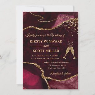 Invitación Boda de Ágata con Brillo Rojo y Dorado