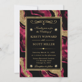 Invitación Boda de Agata con Brillo Rojo y Dorado Elegante