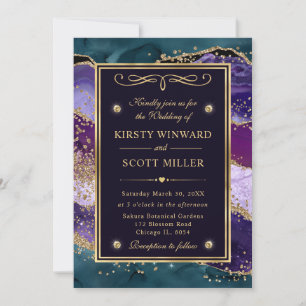 Invitación Boda de Ágata con Brillo Teal, Púrpura y Dorado