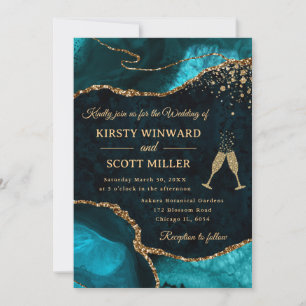 Invitación Boda de Ágata con Brillo Teal y Dorado