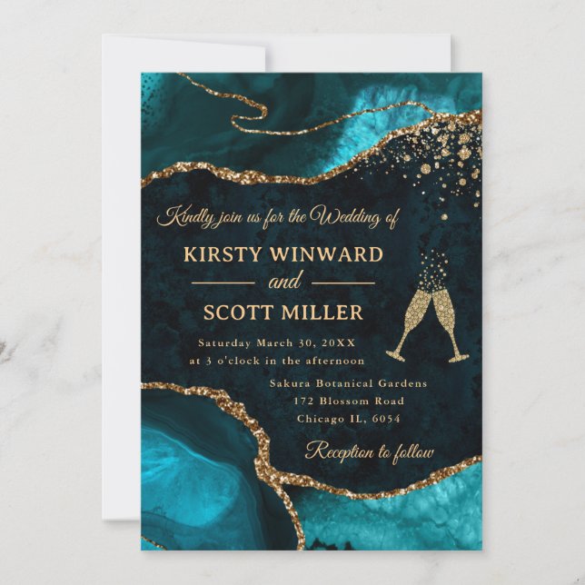 Invitación Boda de Ágata con Brillo Teal y Dorado (Anverso)