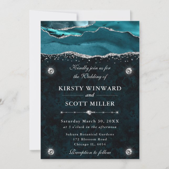 Invitación Boda de Ágata con Brillo Teal y Plateado (Anverso)