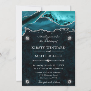 Invitación Boda de Ágata con Brillo Teal y Plateado