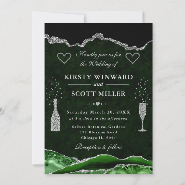 Invitación Boda de Ágata con Brillo Verde y Plateado (Anverso)