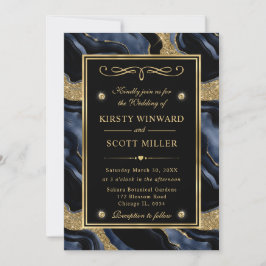 Invitación Boda de Ágata con Hojuela Azul Elegante y Brillo D
