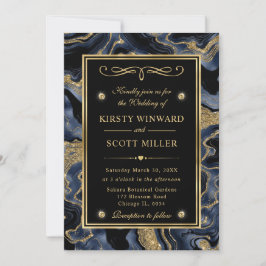Invitación Boda de Ágata con Hojuela Azul Elegante y Brillo D