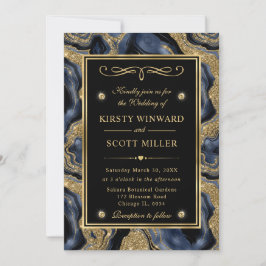 Invitación Boda de Ágata con Hojuela Azul Elegante y Brillo D