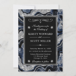 Invitación Boda de ágata con lámina azul elegante y brillo pl