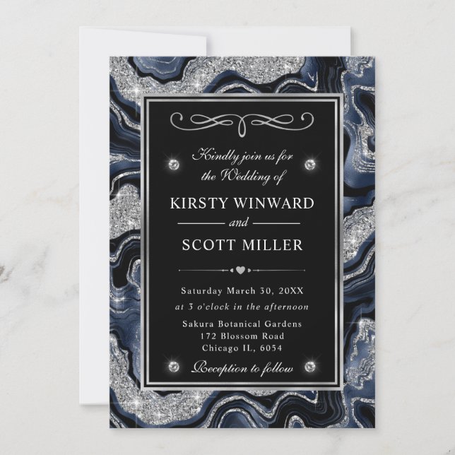 Invitación Boda de ágata con lámina azul elegante y brillo pl (Anverso)