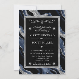 Invitación Boda de ágata con lámina azul elegante y brillo pl