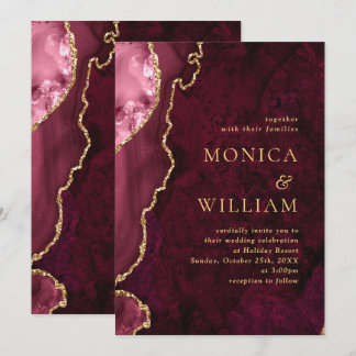 Invitación Boda de Ágata de Mármol Burgundy Dorado Moderno