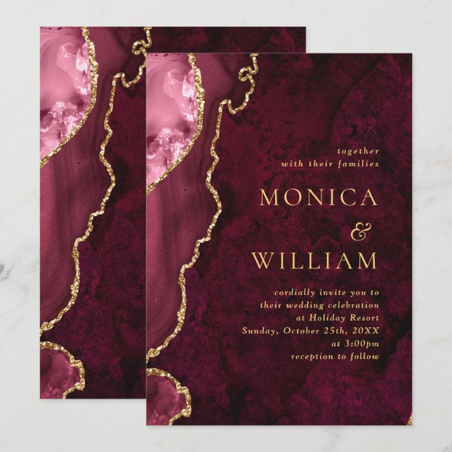 Invitación Boda de Ágata de Mármol Burgundy Dorado Moderno (Anverso / Reverso)
