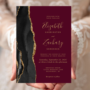 Invitación Boda de Agata de Oro Negro Rojo Burdeos