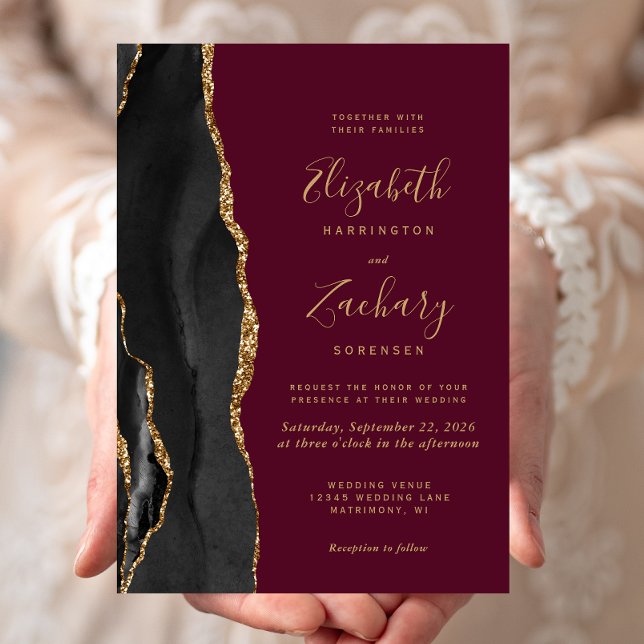Invitación Boda de Agata de Oro Negro Rojo Burdeos (Subido por el creador)