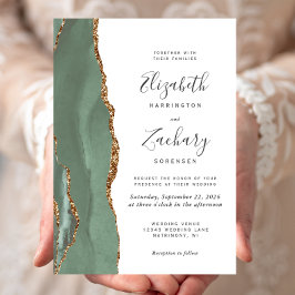 Invitación Boda de Ágata Dorada Verde Salvia Moderna