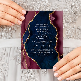 Invitación Boda de Ágata en Azul Marino, Burgundy y Dorado